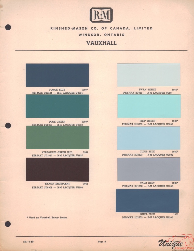 1960 Vauxhall Paint Charts RM 6